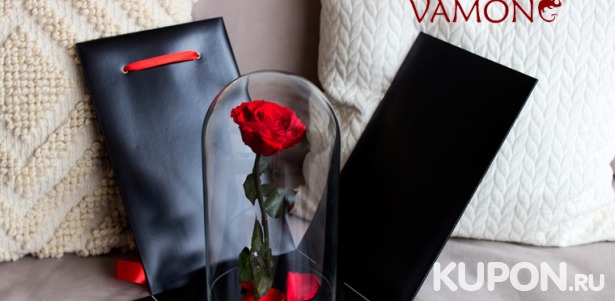 Скидка 28% на неувядающую розу в колбе из сказки «Красавица и чудовище» от интернет-магазина Vamong + фирменная открытка в подарок!